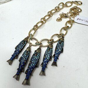 Betsey Johnson Fish Charm Rhinestone Necklace Goldtone Link